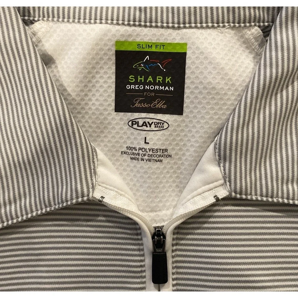 Greg Norman Men's Golf Polo Large Grey White Striped Shark Tasso Elba Play-Dry - Picture 7 of 9